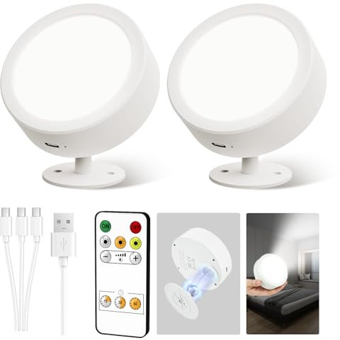 EZVALO Wandleuchte Innen mit 5500mAh Akku, 3.7in*2 Stück Wandleuchte Kabellos mit Fernbedienung, 3 Farbmodi Dimmbar LED Wandlampe Akku Für Wohnzimmer, Schlafzimmer, Kinder, Weiß (große Größe)