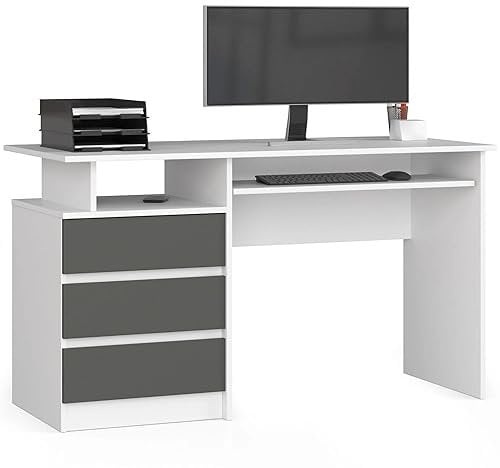 AKORD CLP 135 Bureau pour PC avec Plateau pour Clavier, Bureau d'ordinateur, 3 tiroirs, 1 Compartiment de Rangement, 135 x 77 x 60 cm, 45 kg, Blanc et Gris Graphite sur l'avant