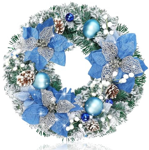 Knitgrip Pre-Lit Christmas Wreaths for Front Door 13.7 Inches Christmas Wreath with Blue Flowers and Ball Ornaments 20 LED Lighted Blue White Wreath for Outdoor Wall Window Fireplace