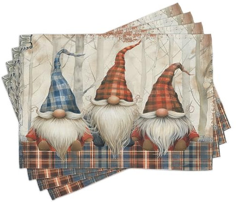 ABAKUHAUS Weihnachten Platzmatten, Wichtel mit Karierten Hüten Weihnachten, Waschbare Stoff Esszimmer Küche Tischdekorations Digitaldruck, Blau Braun Siena