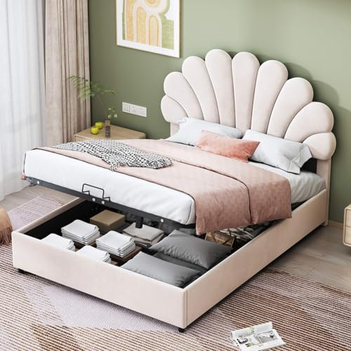 PUGSDRLY Lit Double 140x200cm Avec Rangement Hydraulique, Rembourré, Sommier à Lattes, Tête Réglable en Hauteur, Cadre Adulte/Adolescent, Sans Matelas, Beige