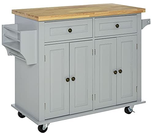 HOMCOM Carrello da Cucina con Ruote, Ripiani Regolabili e Portaspezie, Isola Cucina con Piano di Lavoro in Legno di Gomma, per Cucina e Soggiorno, 111x44.5x82.5 cm, Grigio