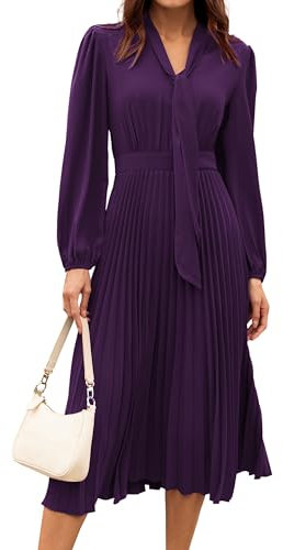 GRACE KARIN Abito midi da donna plissettato con fiocco, scollo a V, maniche lunghe, svasato, per lavoro, ufficio e affari, Viola, 40