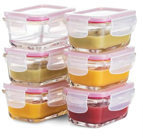 GARUET Lot de 6 petits récipients hermétiques en verre de 130 ml - Passent au micro-ondes et au lave-vaisselle - Parfaits pour les collations, les sauces (N-Rose)