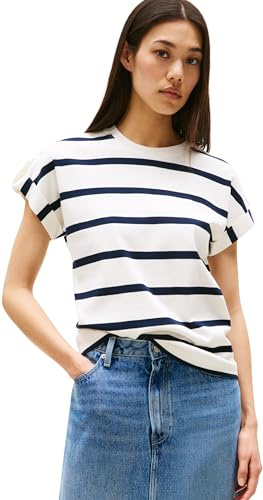 Tommy Hilfiger Damen T-Shirt Kurzarm Gold Button mit Rundhalsausschnitt, Mehrfarbig (Ivory Silk/Dark Night Navy STP), M