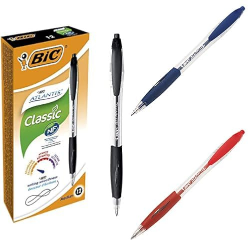 BIC Bundle Druckkugelschreiber Atlantis Classic (0.32 mm, 3x Schachtel à 12 Stück) 12x Schwarz, 12x Blau, 12x Rot