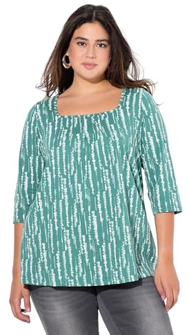 Ulla Popken Damen große Größen Übergrößen Plus Size Shirt, Zierfalten, A-Linie, Carree-Ausschnitt, 3/4-Arm grün 50+ 837110431-50+