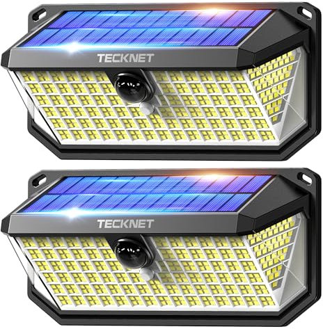TECKNET Lampe Solaire Extérieur, 4200LM, 416 LEDs, Éclairage à 300°, 3 Modes, avec Détecteur de Mouvement, Lumiere Solaire Étanche IP66 pour Clôture, Ccour, Patio, Jardin, Garage, etc- 2 pcs
