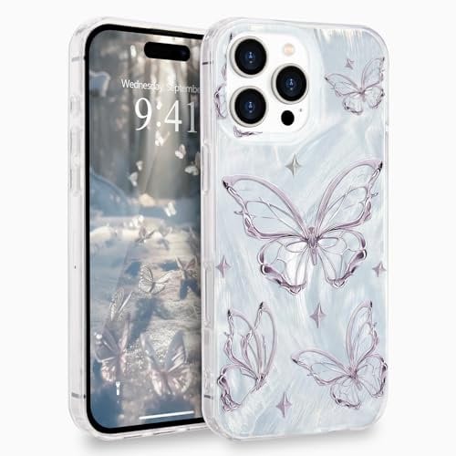 L-FADNUT for iPhone 16 Pro Max Case for Women Girls, Glitter Silver Cute Butterfly Pattern Phone Case, Trendy Shiny Soft Slim Protective TPU Anti-scratch Aesthetic Cover for iPhone 16 Pro Max, Silver