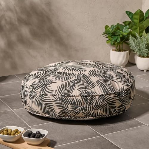 OHS Outdoor Cushion Leaf Print Filled Cushion, Soft Comfy Round Seat Pad Outdoor Waterproof Cushions For Garden Living Room Patio, Monochrome - 60cm