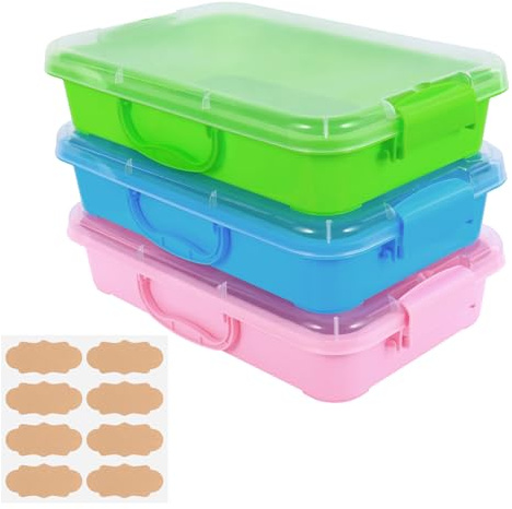 3 Pcs Plastic Sensory Bins,Portable Sandbox Container with Handle & Clear Lid, Stackable Play Tray for Kids Storage Sand,Toys & Crafts,Organizing Container for Home,Office and More(Green+Blue+Pink)
