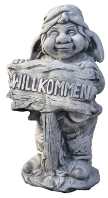 gartendekoparadies.de Steinfigur Gnom Wichtel Willkommen Steinfigur, 47 cm Höhe, Grau, 20 kg, Steinguss, frostsicher für Außenbereich