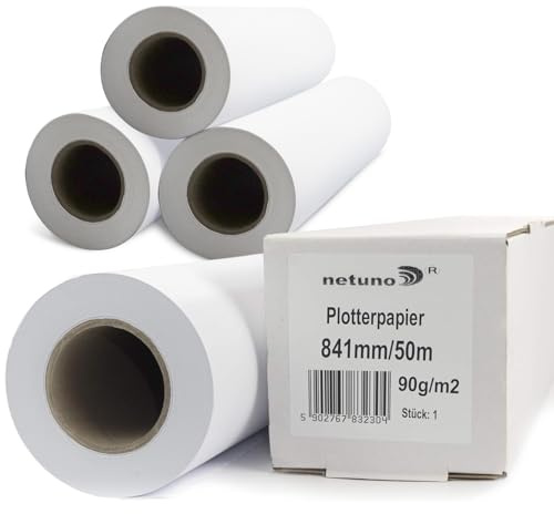Netuno 4 Rollen Plotterpapier Weiß 90g 841 mm x 50 m 50 mm 2 Zoll Kern Zeichenrollen matt Inkjet Standardrolle für Großformatdrucker Kopierer Baupläne technische Zeichnungen Engineering Papier CAD