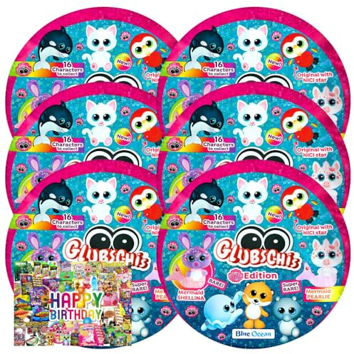 STRONCARD Bundle mit Blue Ocean Glubschis Sammelfigur Muschel Serie 4 - Glubschi Glitzer Figur - Auswahl - Exklusive Geburtstagskarte (6 Tüten)