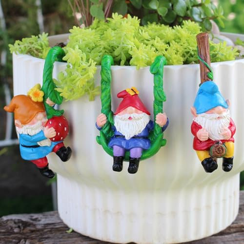 Gartenzwerge für Außen Anhänger, 3 Stück Gartenzwerg Gartenfiguren zum Aufhängen Blumentopf, Gartendeko für Draußen Gartenwichtel Figuren, Wetterfest Harz Wichtel Gartenstatuen Kletternde Blumentopf