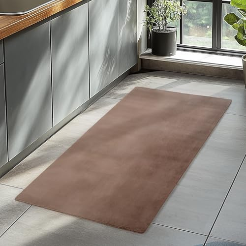 HomebyHome Läufer Teppich Braun 60x100 cm Waschbarer Kurzflor Teppich, rutschfest & weich, modernes einfarbiges Design für Schlafzimmer, Küche & Flur