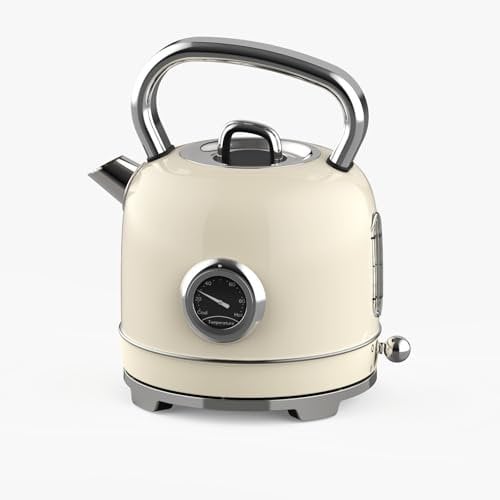 GEEPAS Electric Kettle | Vintage Cordless Stainless Steel Rapid Boil for Hot Water Tea Coffee | Auto Shut-Off 360° Swivel Base Temp Gauge Boil Dry Protection | 2 Yr Warranty 1.7L 3000W Retrovive Cream