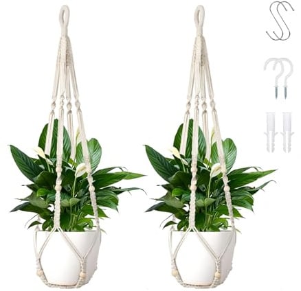 KiauFdcf 2 Pack 35 Inch Ivory Macrame Plant Hangers – Handmade Cotton Rope Hanging Planter with Wooden Beads & Hooks, Bohemian Style Indoor Outdoor Home Decor (Planters & Plants Not Included)
