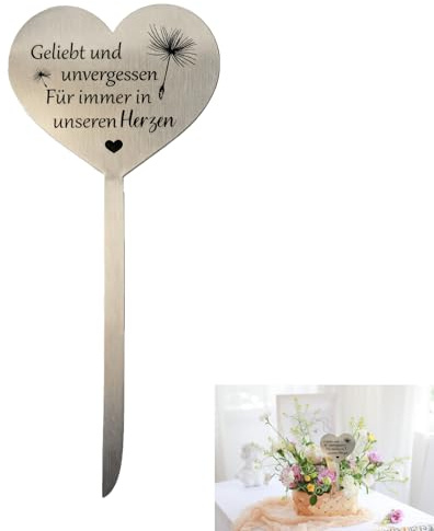 HAYGEM Grabstecker Personalisiert Herz, Gedenktafel Silber Dekoration, Grabschmuck Wetterfest, mit Geliebt und Unvergessen，für Immer in Unseren Herzen, für Gräber, Friedhöfe, Gärten, Höfe