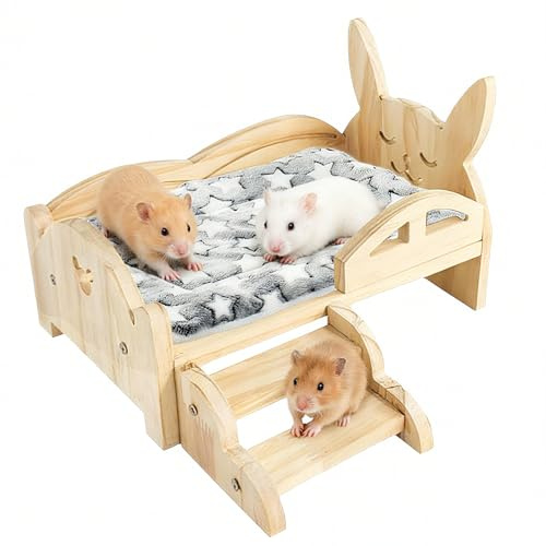Ysislybin Meerschweinchen Bett, 34 x 22 x 7 cm Holz Meerschweinchen Hängematte mit Abnehmbarem Matratze Hölzerne Kleintierbett mit 15,5 cm Breite Treppe für Kaninchen Hamster Frettchen Igel