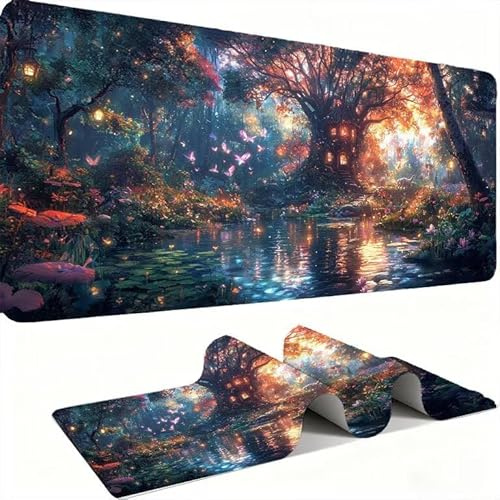 Baumhäuser Wald Mauspads, Mauspad XXL 100x50CM Gaming, schreibtischunterlage Gaming Tastatur Matte, Große Schreibtisch Matte, Großer Erweiterter Schreibtisch Schutz Für Home Office Studium j0xk-195