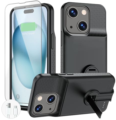BOPPS Battery Case for iPhone 15/15 Pro with Stand【2026 New 】 Powerful 7000mAh Portable Rechargeable Protective Extended Charger Cover for iPhone Charging Case for iPhone 15/15 Pro,Black