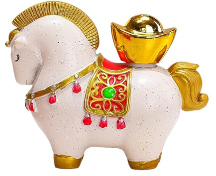 Horse Figurine Statue - 2026 Wealth Symbol Sculpture for Home | Elegant Resin Horse Ornament with Golden Accents, Decorative Display for Livingroom Bedroom Table Shelf Chinese New Year Gift, White Red
