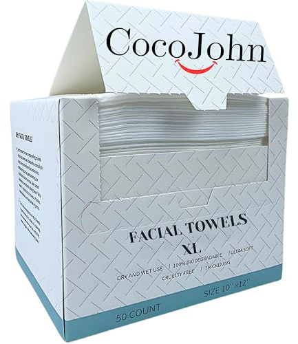 CocoJohn Disposable Face Towels XL 50 Ct – 100% Biodegradable, Hypoallergenic, Super Soft Dry Wipes for Sensitive Skin, Makeup Removal, Facial Cleansing, Skincare, Travel, Lint-Free, Thick, 1Pack FW77