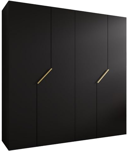 MEBLE KRYSPOL - Kleiderschrank - Garderobenschrank - 200 cm x 202 x 52 cm - Schrank mit Kleiderstange, 4 Türen - für Schlafzimmer, Flur - Andrew, Schwarz, Griff Gold