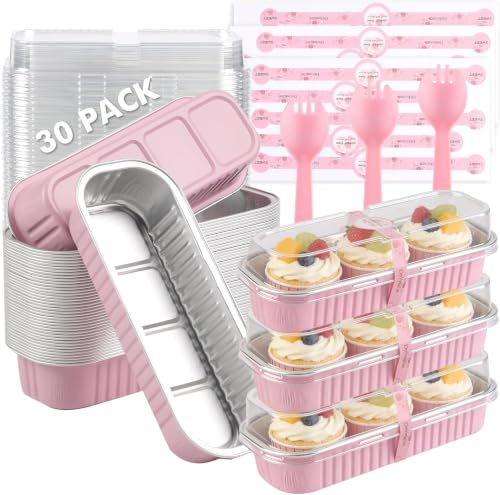 Stormshopping 30 Pack Mini Loaf Baking Pans with Lids and Spoons - 200ml Reusable Rectangular Aluminum Foil Baking Pans with Sealing Sticker for Dessert Bread Wedding Picnic Birthday Party