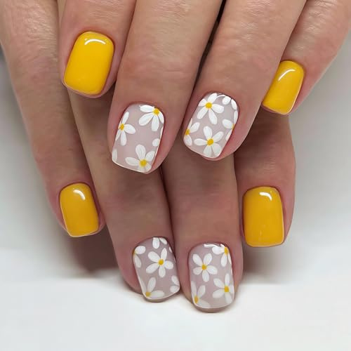 Spring Yellow Press on Nails Short Square Fake Nails Cute White Floral false Nail Design Daisy Flowers Glossy Acrylic Nails for Women Girls DIY Manicure Decoration 24Pcs