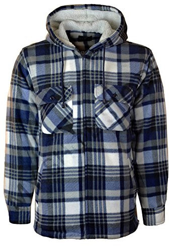 MyShoeStore Mens Padded Shirts Lumberjack Collared Hooded Flannel Check Jacket Thick Quilted Work Wear Warm Thermal Fleece Fur Lined Top Casual Coat (Hooded Blue, M)