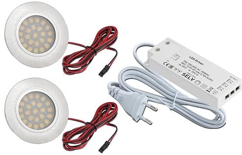 JungesLicht 2er Set Möbelleuchte Tim 2Watt warmweiß 3000K 200Lumen, für 54-58mm Löcher, ultra flach, 11mm Einbautiefe, Trafo mit 3x AMP Anschlüsse & Netz-Kabel - Abmessungen: 103x41x12mm - Stecksystem