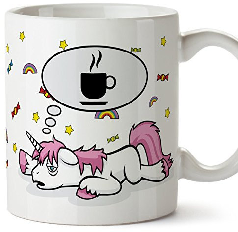 Taza original de desayuno con Unicornios - Unicorno pensando en café - Taza graciosa - Cerámica 350 ml
