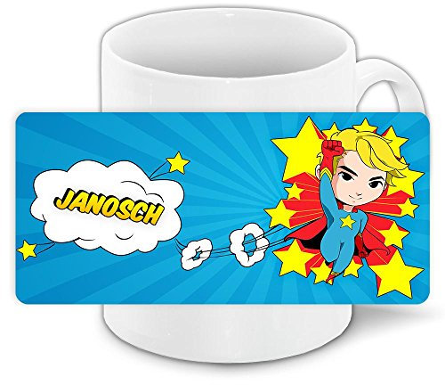 Tasse mit Namen Janosch und Motiv mit Superheld im Comic-Style für Jungen | Keramik-Tasse | Kinder-Tasse