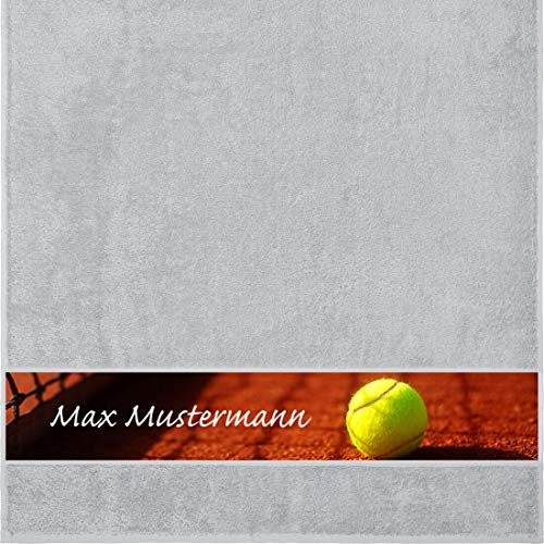 Manutextur Duschtuch Mit Namen - Personalisiert - Motiv Sport Tennis - Viele Farben - Dusch-Handtuch - Hellgrau - Größe 70x140 cm - Persönliches Geschenk Mit Wunsch-Motiv und Wunsch-Name