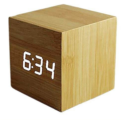 ThreeH Réveil numérique,Cube Moderne en Bois Design avec Contrôle du Son PLUIESOLEIL LED Horloge de Bureau Décorez Votre Maison et Le Bureau,Alimenté par USB ou Batterie AC10 Jaune Blanc