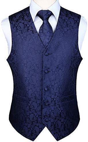 HISDERN Anzugweste für Herren Marineblau Paisley Hochzeit Weste Krawatte Einstecktuch Taschentuch Jacquard Weste Herren Anzug Set Elegant XL