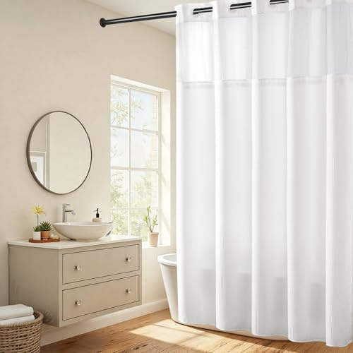 River Dream No Hooks Required Waffle Weave Shower Curtain with Snap in Liner -Extra Long 71W x 86H,Hotel Grade,Spa Like Bath Curtain,White