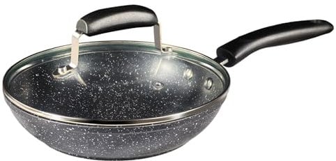 24cm Frying Pan with Lid Black Granite Marble Coated Non Stick Pan for Gas, Electric & Induction Hob (24 cm Granite)
