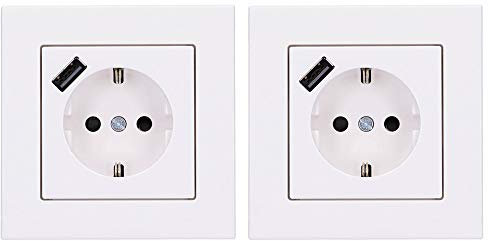 Jung SCHUKO USB-Steckdose Typ A (max. 3A) Komplett-Set Serie A: 2x Steckdose A152018AWW und 2x 1-fach Rahmen A5581BFWW Alpinweiß