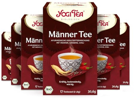 Yogi Tea Männertee, 6x17 Beutel (102 Teebeutel) | Ayurvedischer Gewürz- und Kräutertee, von Natur aus Koffeinfrei, Ginseng, Chili und Muskatblüte