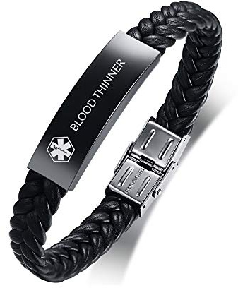 Men's Medical Alert Bracelet Engraved Blood Thinner Allergy Diabetic | Stainless Steel Leather Strap Medical ID Bracelets, Personalised SOS Emergency Life Awareness Bracelet, Adjustable