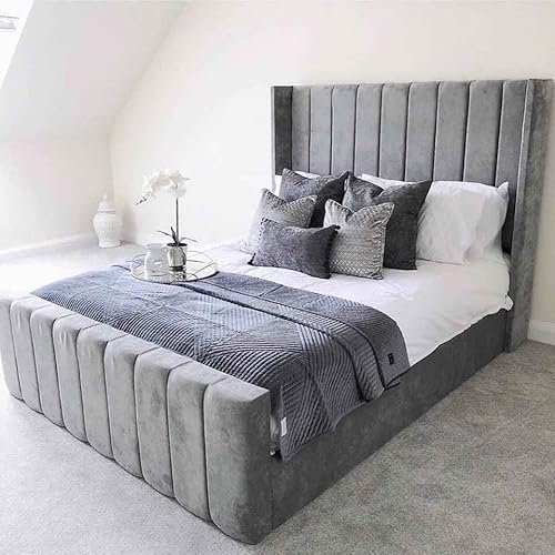 New Jassat 5FT Kingsize 4FT6 DOUBLE Velvet Fabric Upholstered Chesterfield Wing Headboard Sleigh Bed (Grey, 4FT6 Double)