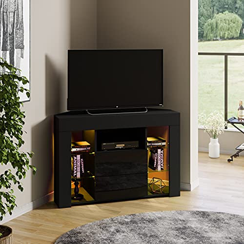 Panana Corner TV Stand Cabinet Sideboard With Glass Shelves And LED Lights (black)