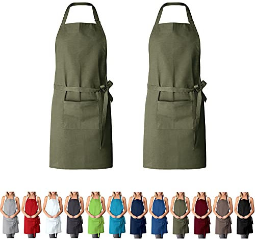 EllaTex DOPPELPACK Damen/Herren/Unisex Schürze Kochschürze Kellnerschürze Bistroschürze Küchenschürze Grillschürze Latzschürze 100% Baumwolle, Farbe: 2er PACK Khaki