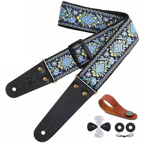 Nefelibata Gitarrengurt - Baumwollgitarrengurte mit verlängerten Enden aus echtem Leder für Bass-, Elektro- und Akustikgitarre | Geschenke für Kinder, Männer und Gitarristinnen