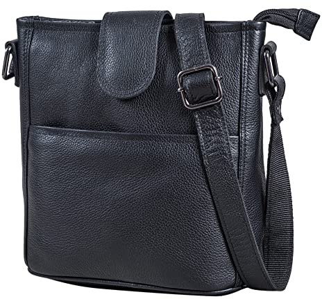 LEABAGS Leder Handtasche Damen I Premium Echtleder Umhängetasche I Damen Schultertasche I Damentasche I Tragetasche für Arbeit Uni Schule Freizeit I Größe M (24 x 23 x 6 cm) I Nappa Schwarz