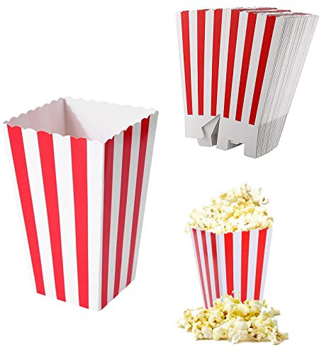 Cajas Palomitas, Popcorn Box, Cartones Palomitas, Bolsa de Palomitas, Cajas de Comida de Cubo de Palomitas de Maíz a Rayas Retro para Cine Teatro Cumpleaños Fiestas Temáticas Noches de Cine, 24 Pack