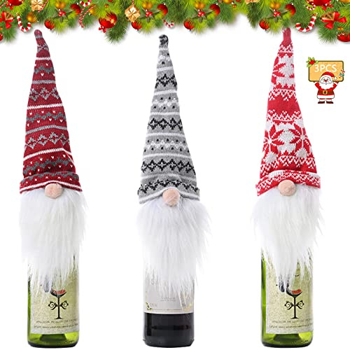 3 Stück Weihnachten Weinflasche Abdeckung, Flaschenüberzug Beutel, Weihnachtsmann Hut Flaschebeutel, Taschen für Home Dinner Wein Weihnachten Tischdeko(B)